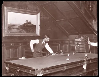 Edwin Gould playing pool at his home in Rhinecliffe, New York, 1893-4